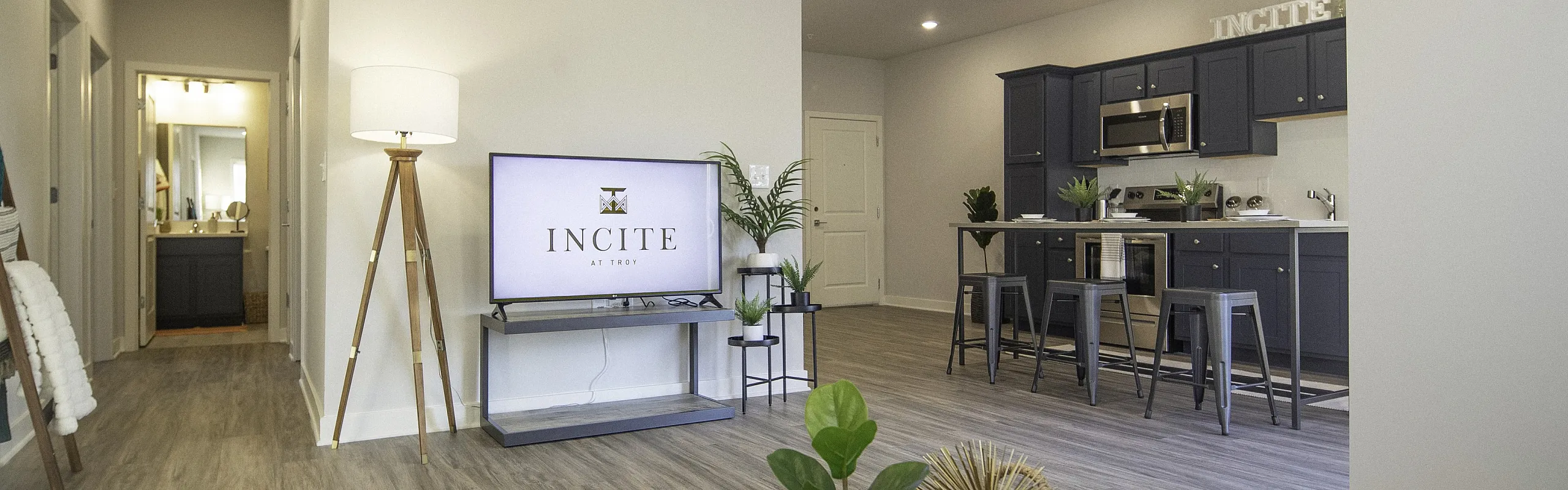 Contemporary apartment featuring an open-plan living area with stylish kitchen and cozy decor.