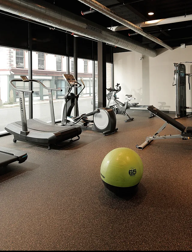 Modern fitness center featuring state-of-the-art gym equipment, treadmills, weight racks, and a vibrant exercise ball in a spacious, well-lit environment.