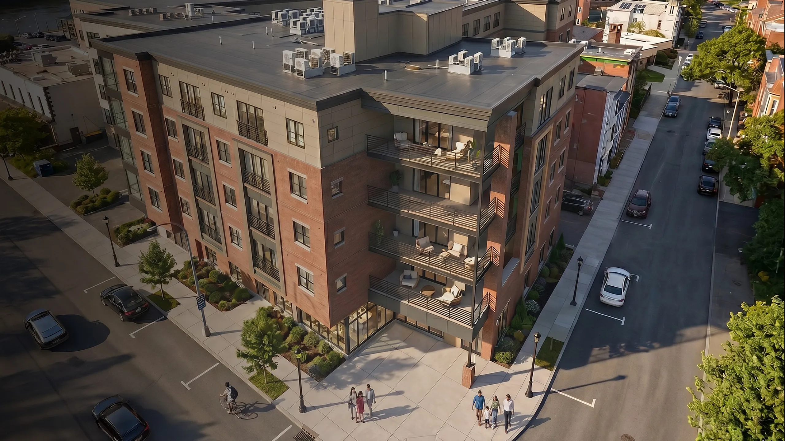 Chic urban apartment building with spacious balconies, nestled near scenic river views and vibrant cityscape.