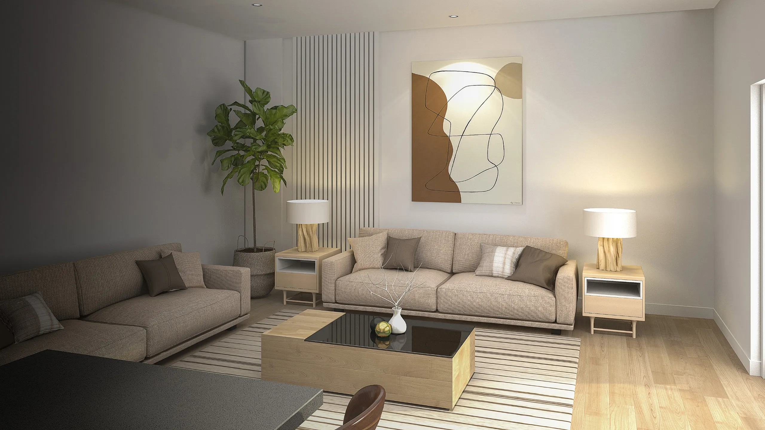 Modern living room with elegant decor, featuring cozy beige sofas, a stylish coffee table, and contemporary art on the wall. Bright and inviting space with hardwood floors and warm lighting.