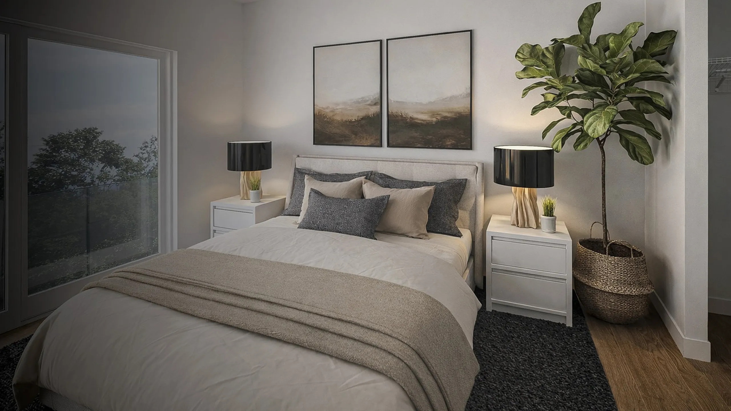 Elegant bedroom with cozy decor, featuring a plush bed, chic lamps, and lush greenery alongside airy windows.