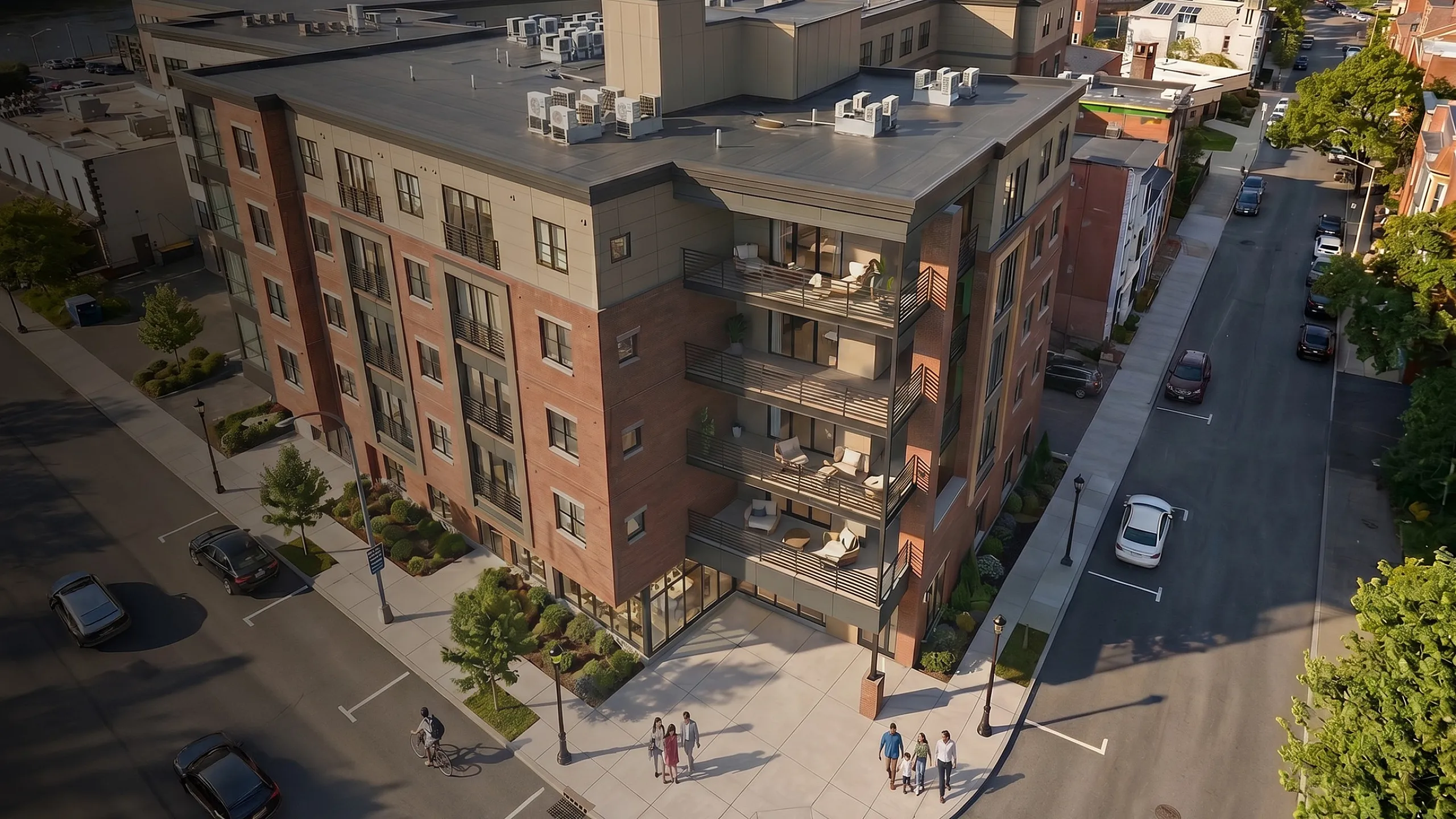 Modern urban apartment building with stylish balconies and scenic city views, offering contemporary living in a vibrant neighborhood.