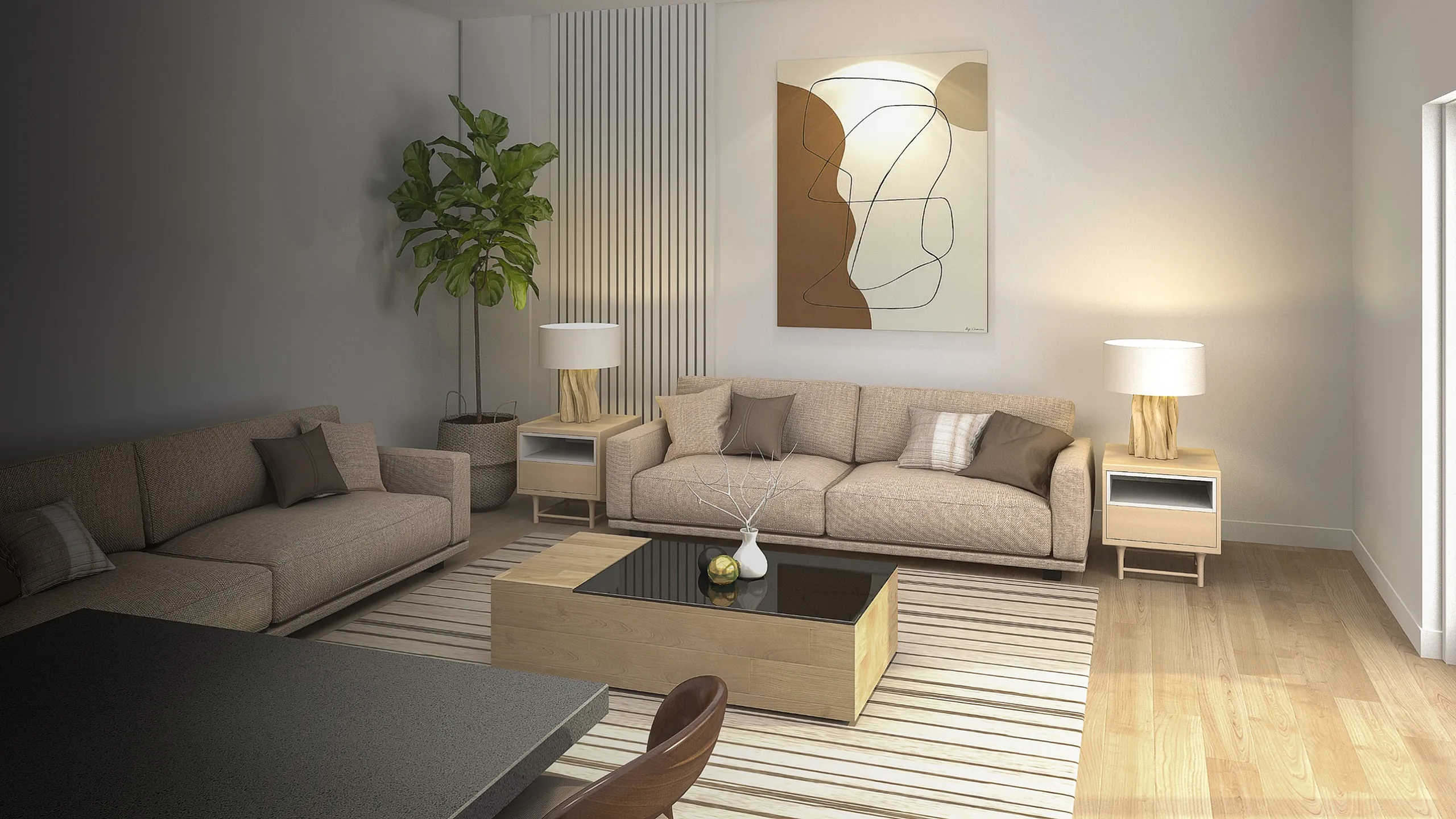 Elegant living room with modern beige sofas, abstract wall art, and a cozy ambiance enhanced by warm lighting and a lush houseplant.