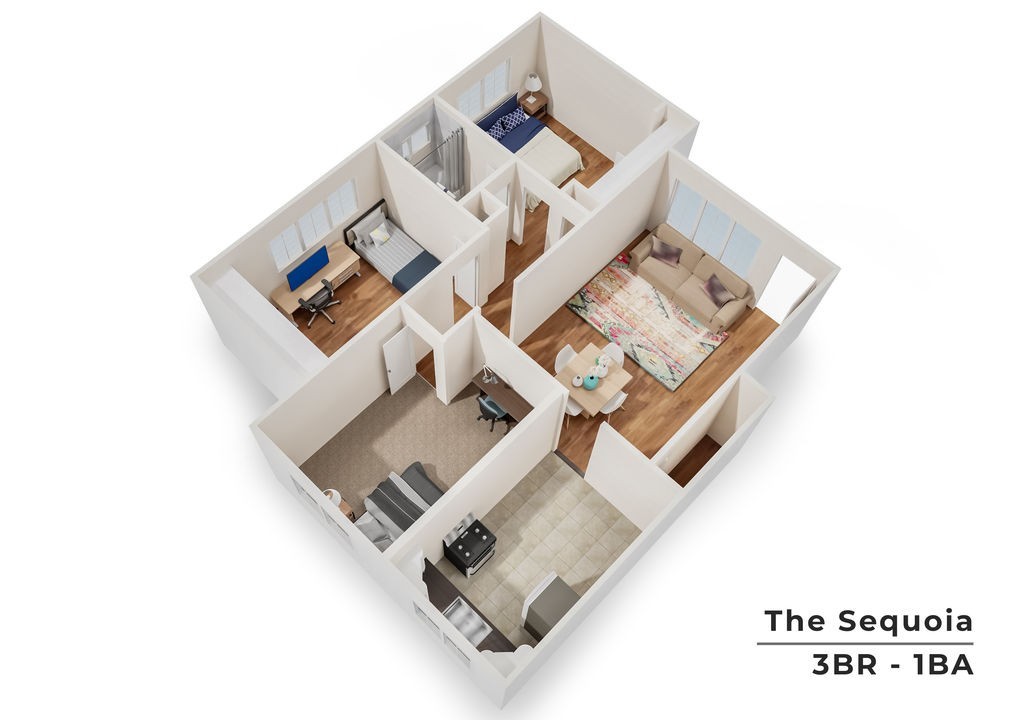 The Sequoia 3-bedroom apartment featuring a cozy living area, modern kitchen, and stylish dining space.
