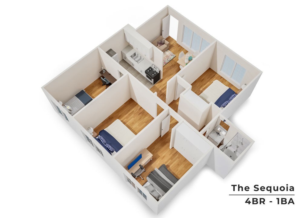 The Sequoia 3D floor plan showcasing 4 bedrooms and 1 bathroom with a modern kitchen and bright living area.