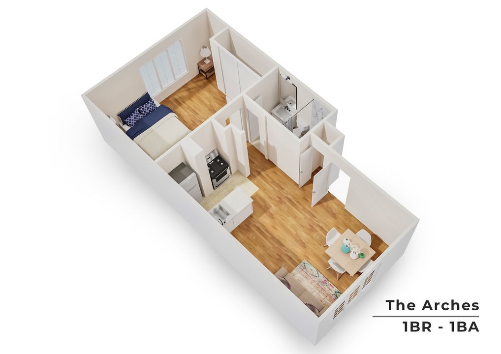 The Arches modern 1 bedroom, 1 bathroom apartment with open-concept living and dining area, sleek kitchen, and inviting wooden flooring.