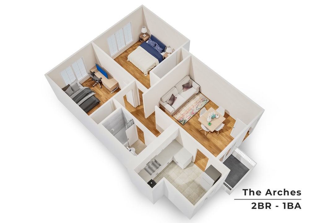 Modern 3D floor plan of The Arches showcasing 2 bedrooms, 1 bathroom, spacious living room, and open dining area, combining style and functionality.