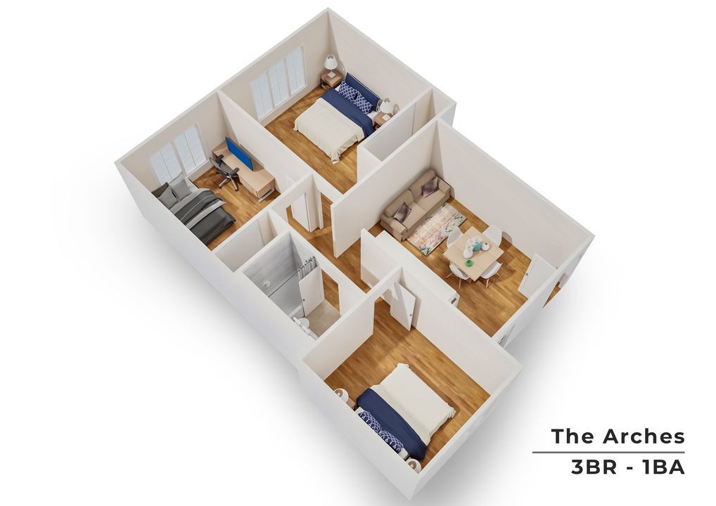 The Arches 3D floor plan showcasing 3 bedrooms, 1 bathroom, and a cozy living-dining area. Perfect for comfortable living and entertaining.