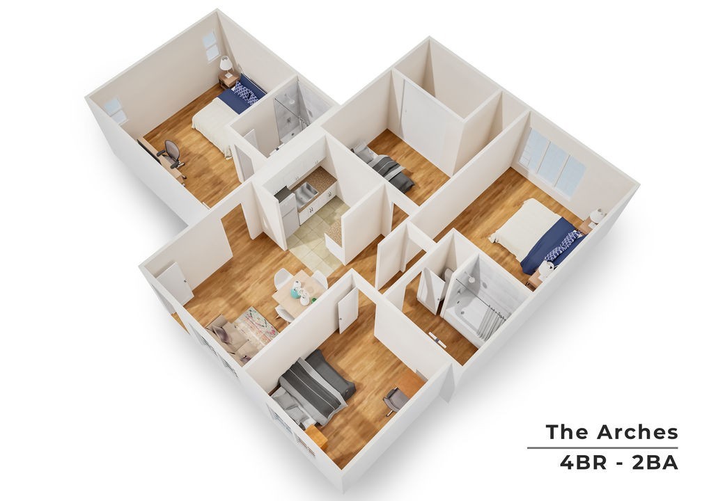 The Arches 3D floor plan showcasing 4 bedrooms, 2 bathrooms, a cozy living space, and a modern kitchen.