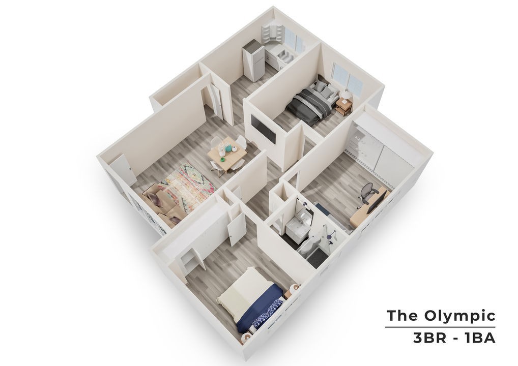 The Olympic 3-bedroom, 1-bath floor plan featuring a cozy living area, modern kitchen, and workspace, highlighting a compact and functional design.