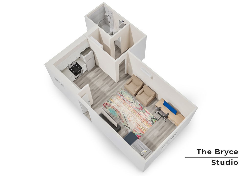 Contemporary 3D floor plan of The Bryce Studio featuring an open-concept living area, cozy kitchen, and modern bathroom.