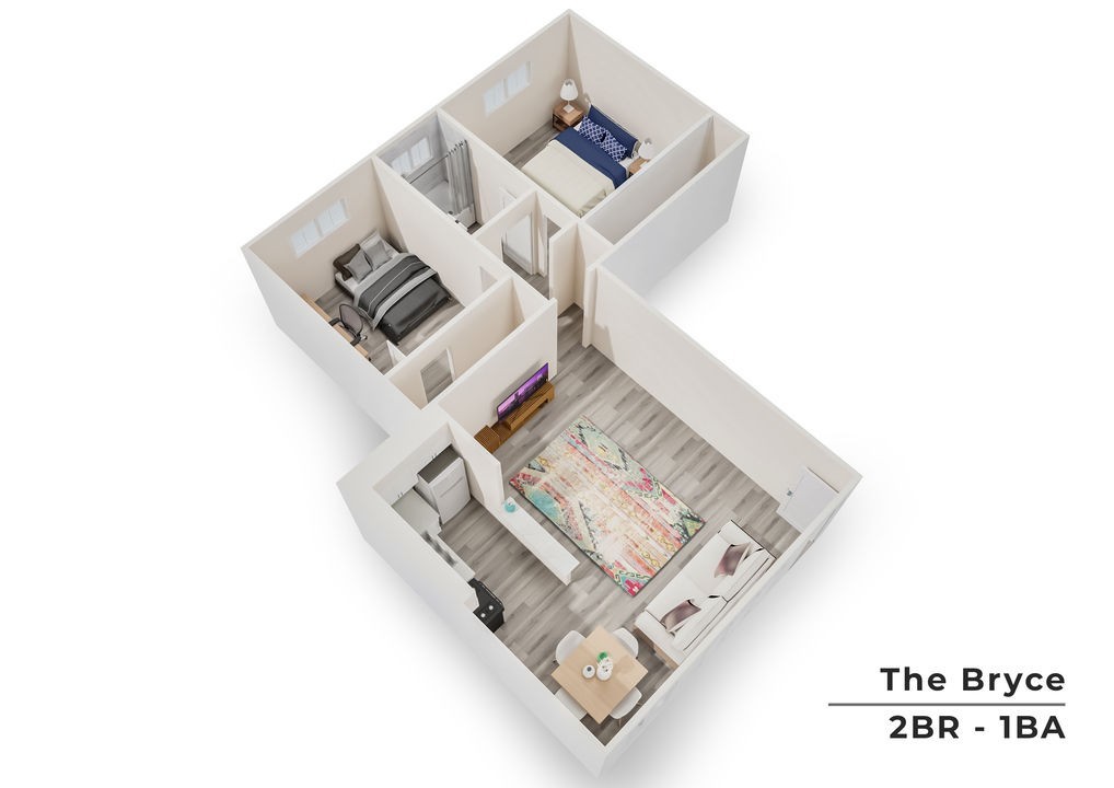 The Bryce modern 3D floor plan featuring 2 cozy bedrooms, an inviting open-concept living area, and stylish wooden flooring.