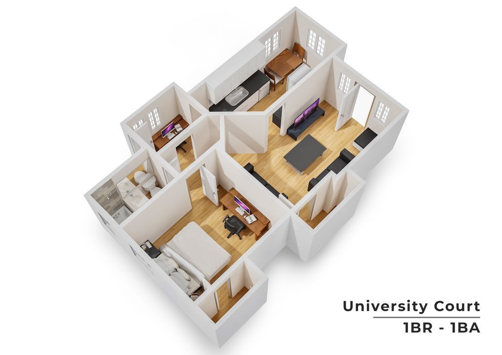 Chic 3D floor plan of University Court showcasing 1 bedroom, 1 bathroom, and a modern open living area.