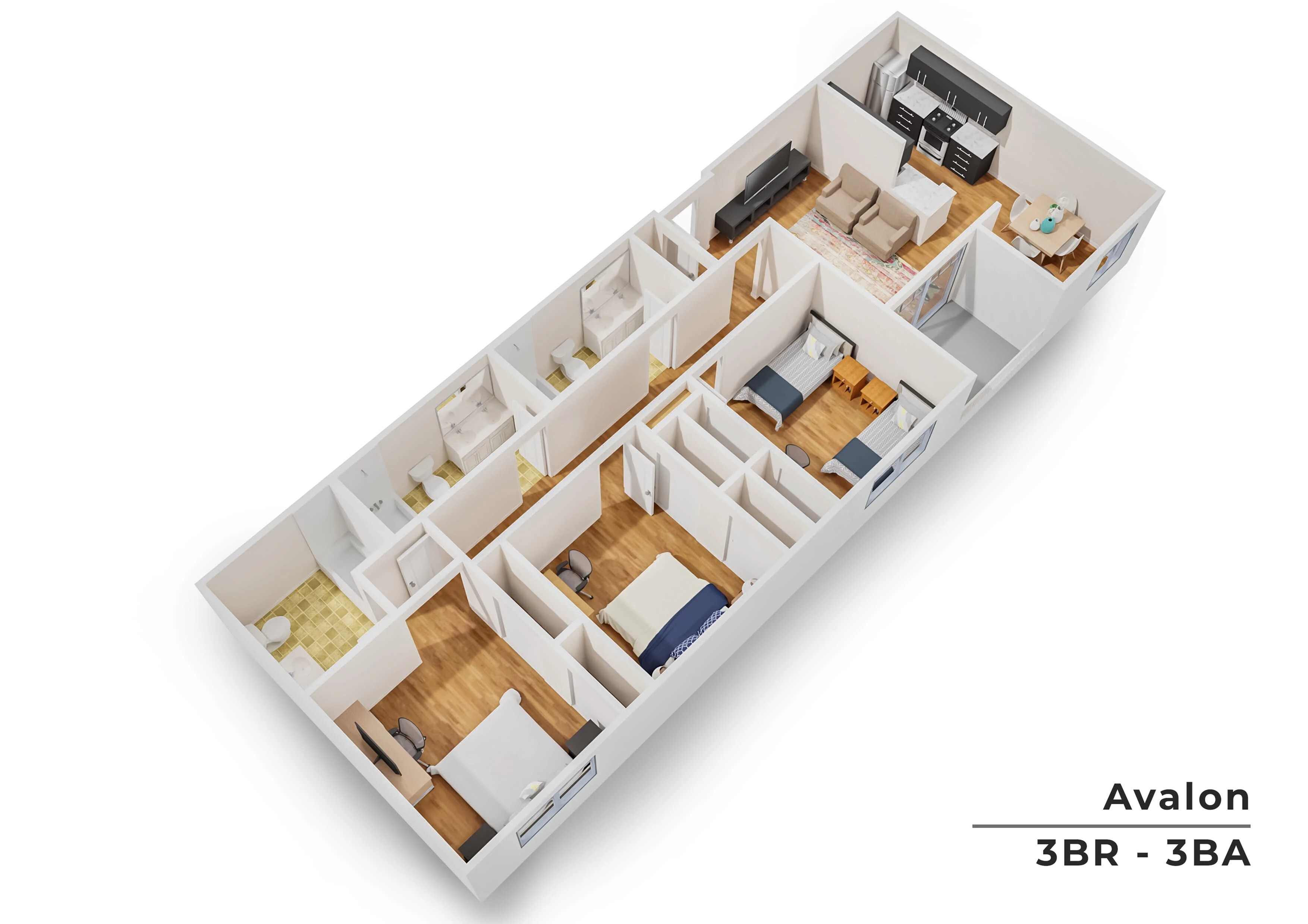 Avalon 3D floor plan showcasing a luxurious layout with 3 bedrooms, 3 bathrooms, an elegant open-concept living area, and a modern kitchen.