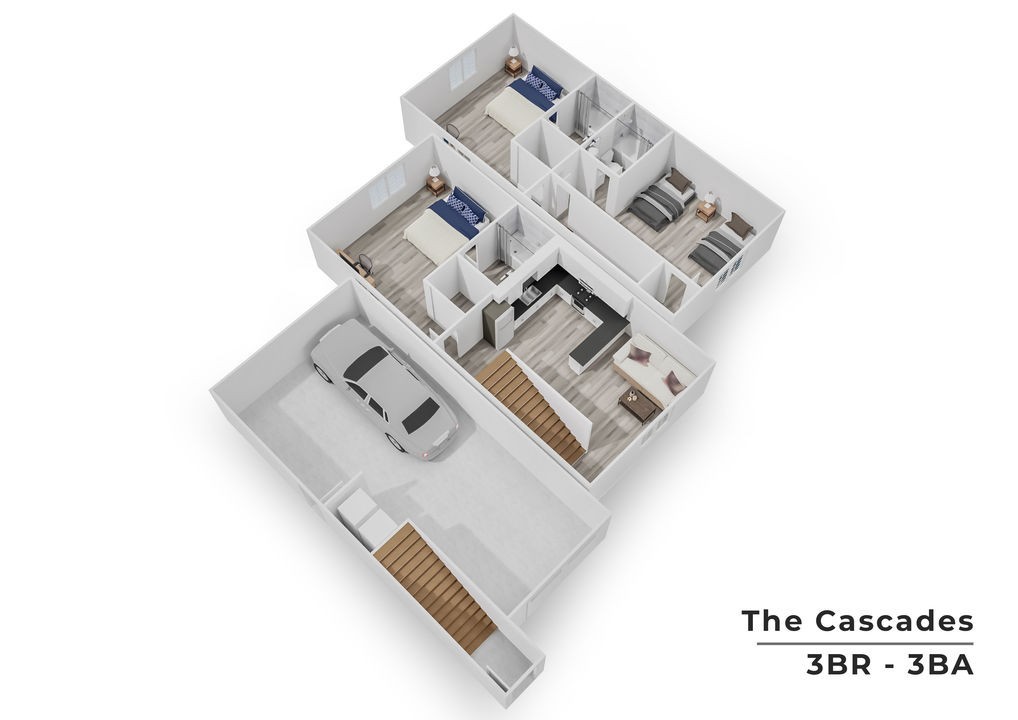 The Cascades modern 3D floor plan showcasing 3 bedrooms, 3 bathrooms, a sleek kitchen, inviting living area, and integrated garage.