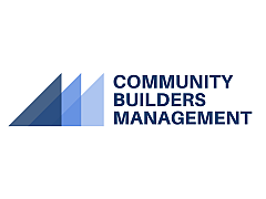 Community Builders Management logo featuring geometric blue shapes in a modern design.
