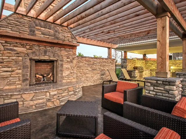 Outdoor patio with seating.