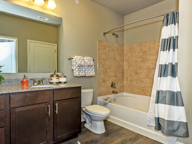 Bathroom with vanity, toilet, and tub/shower with curtain.
