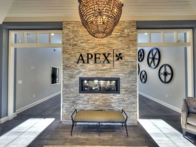Clubhouse entrance interior, showing fireplace.