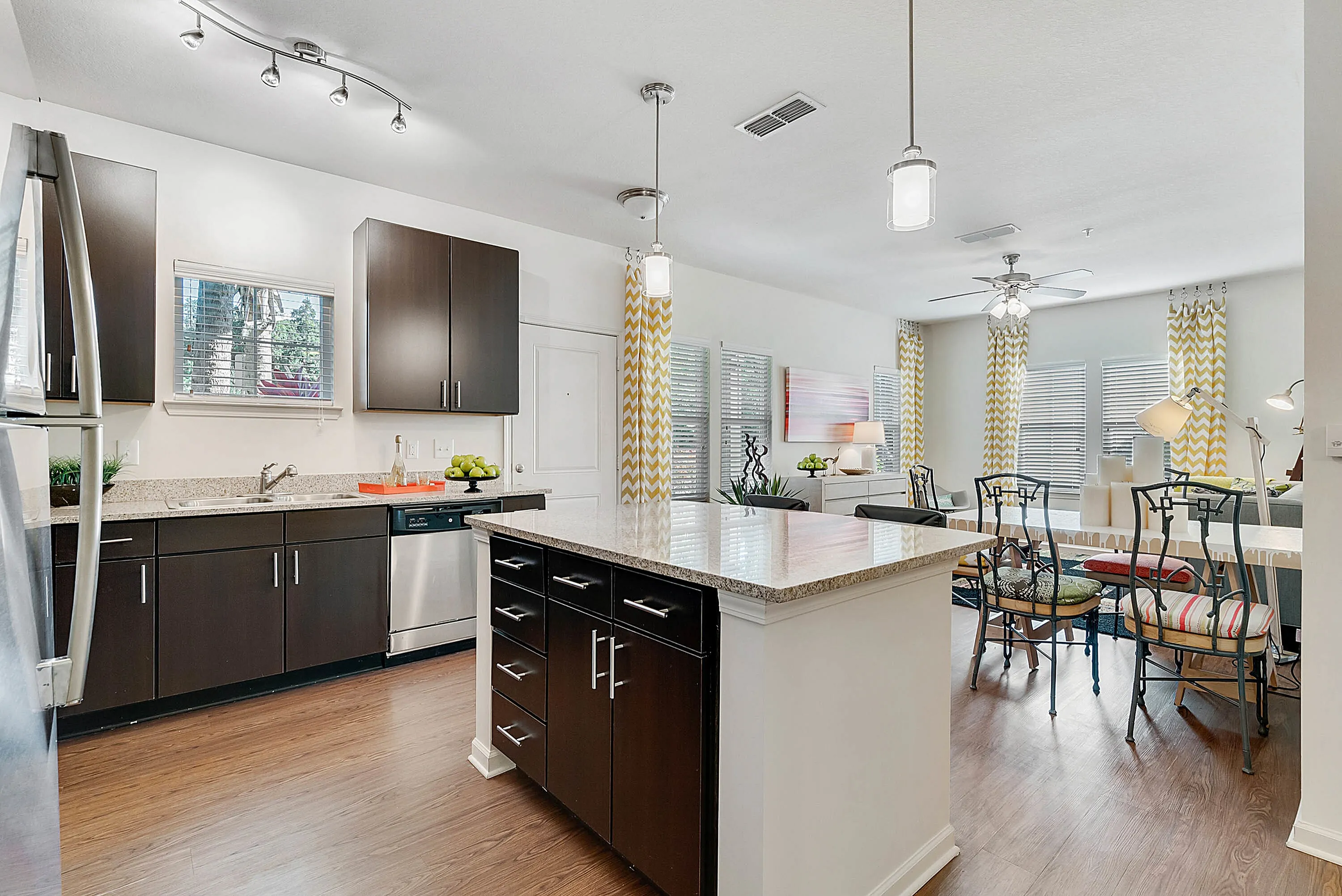 Modern apartment kitchen with sleek dark cabinetry, granite countertops, and bright open living area.
