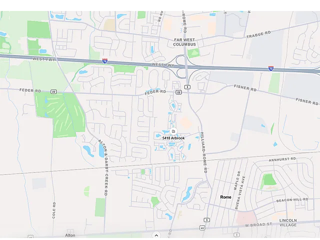 Vibrant map highlighting the convenient location of 5418 Arbrook in Far West Columbus, near major highways and lush green spaces.