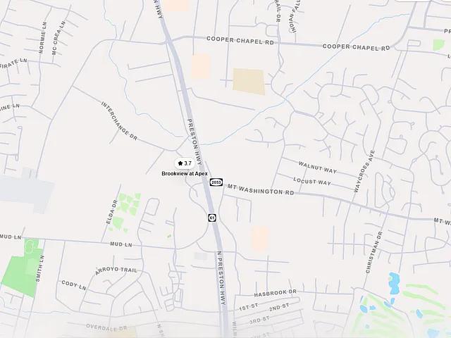 Map showcasing the prime location of Brookview at Apex, with easy access to major roads and green spaces, ideal for convenient living.