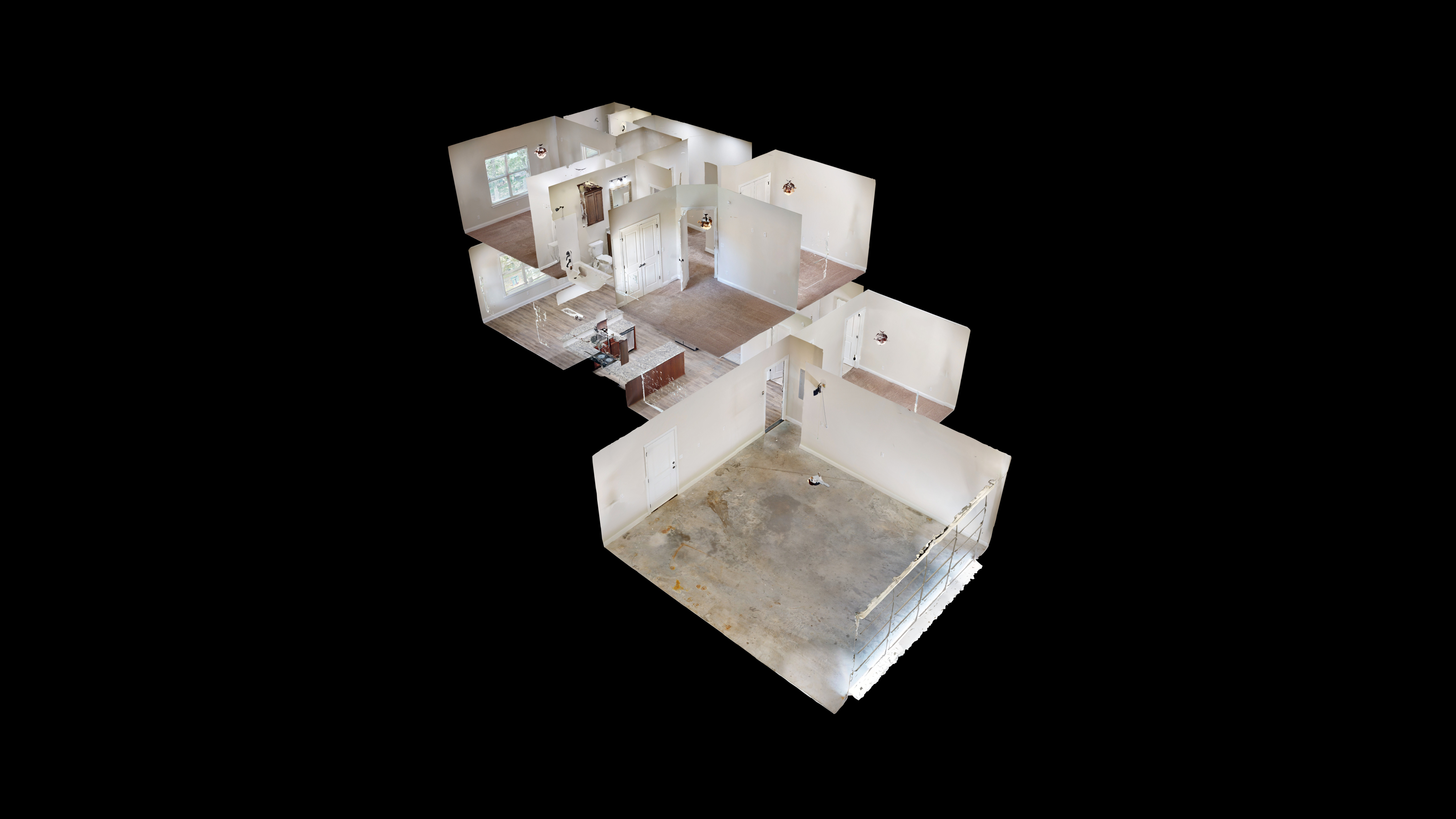 3D floor plan showcasing a spacious open layout with multiple rooms, abundant natural light, and modern design elements.