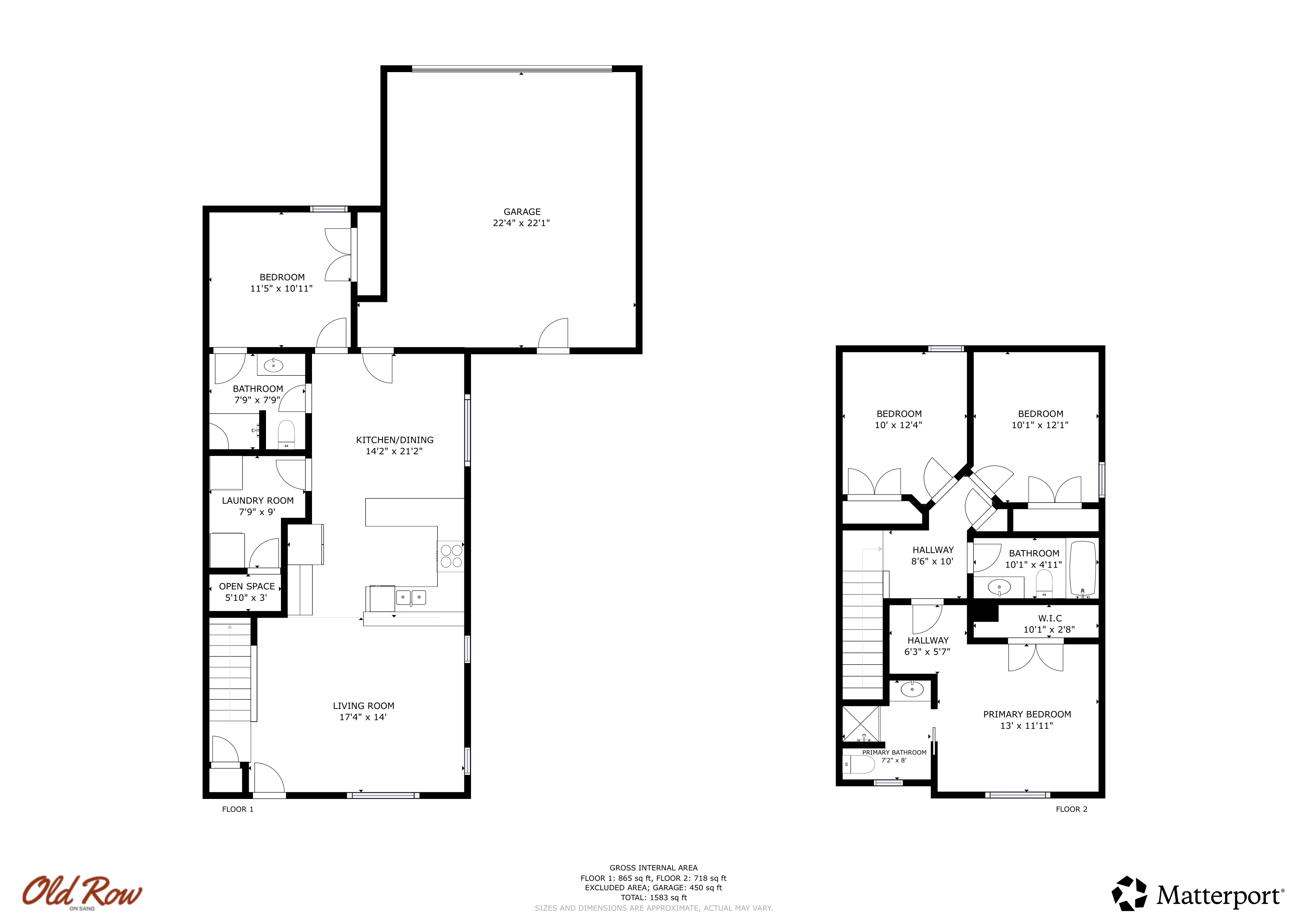 Inviting two-story floor plan with three bedrooms, two bathrooms, spacious living room, and a large kitchen/dining area on the first floor. Includes a garage and a walk-in closet on the second floor.