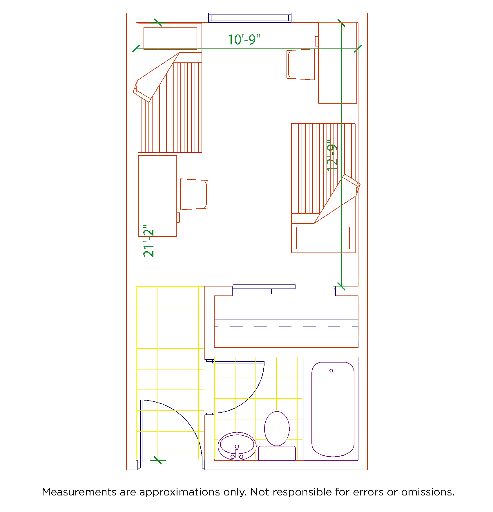 Ivy House luxury residence hall floor plan showcasing a spacious room layout with elegant furnishings and private bathroom.