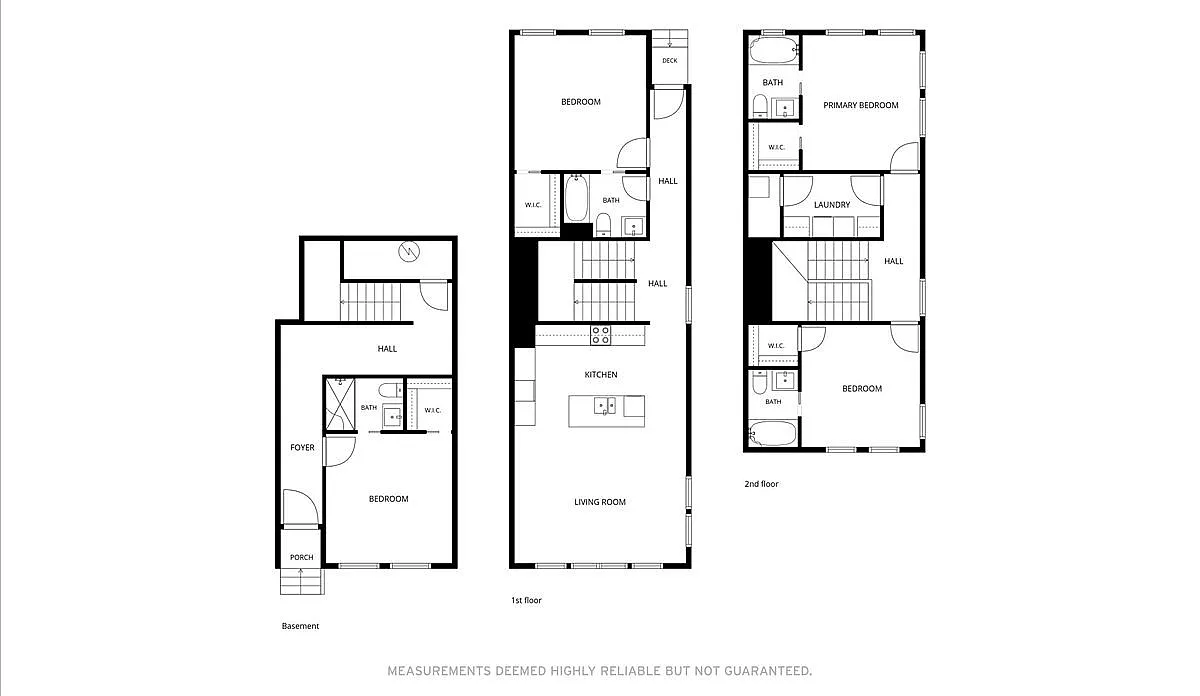 Charming multi-level floor plan at 885 W Hughes St, Fayetteville, AR, showcasing a basement bedroom, expansive kitchen and living area on the first floor, and two bedrooms with a laundry room on the second floor.