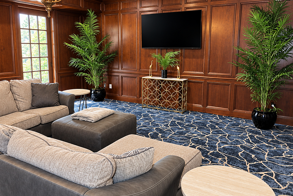 Elegant living room featuring luxurious couches, a chic blue patterned carpet, and tasteful wood paneling complemented by lush decorative plants.