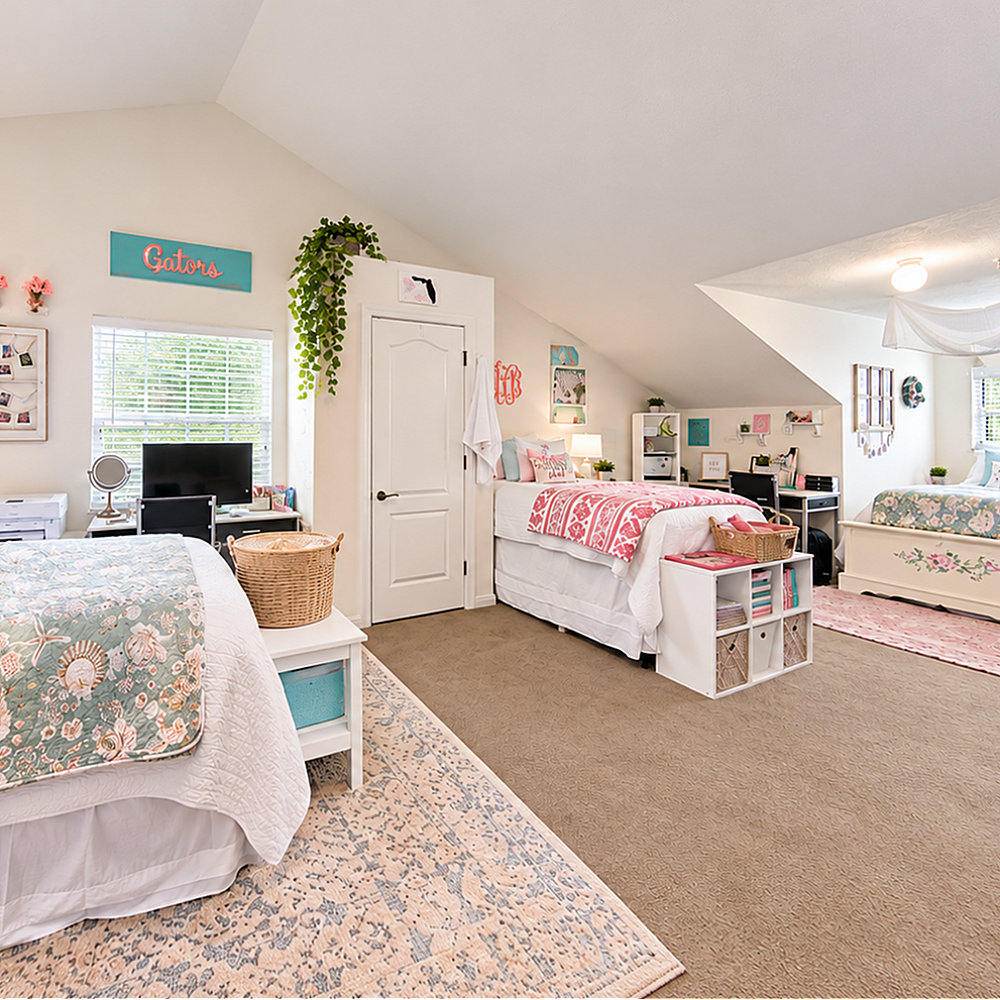 Charming bedroom design featuring cozy twin beds with decorative pillows, soft lighting, and vibrant wall art, creating a bright and inviting atmosphere.