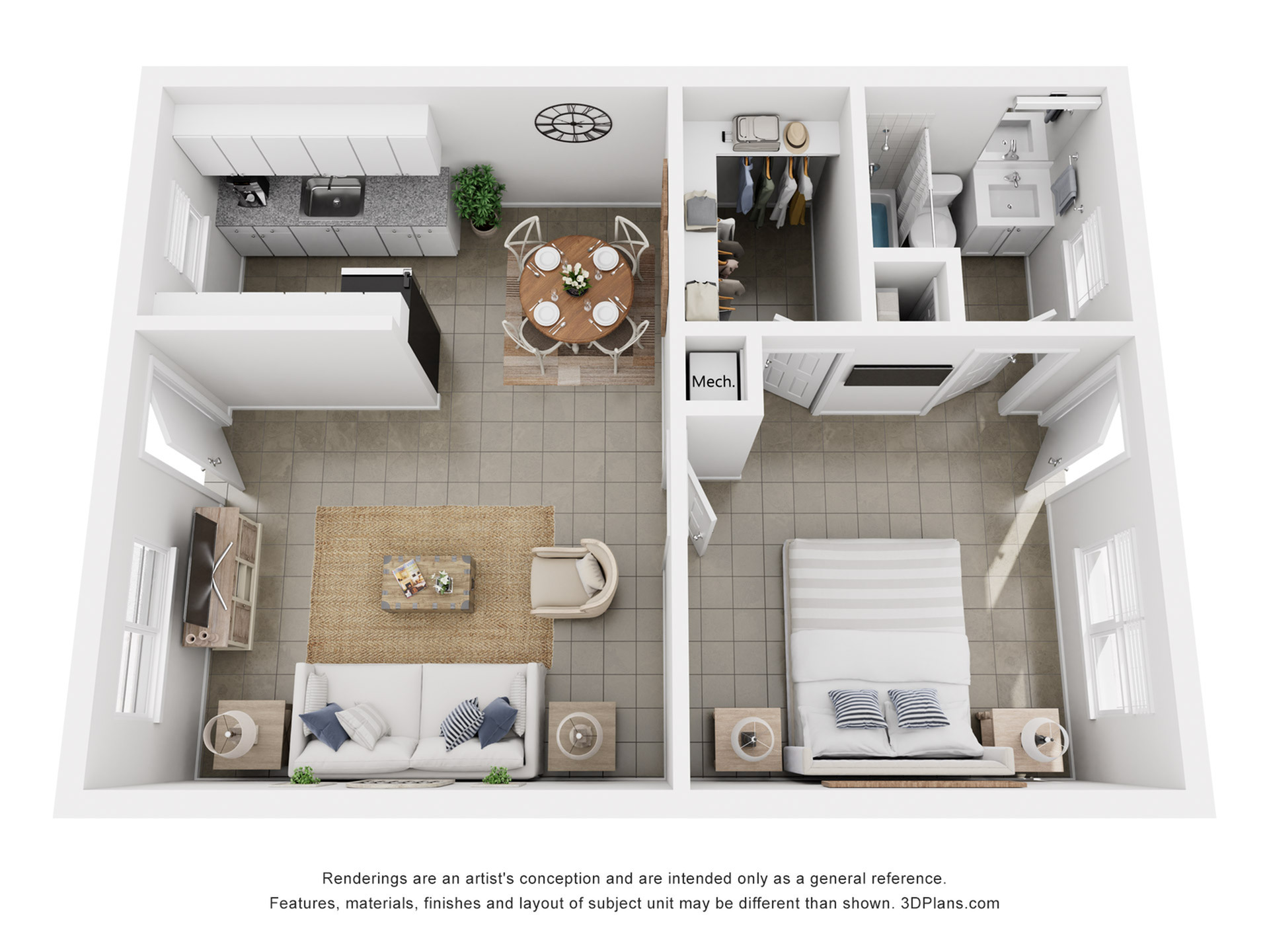 Modern 3D floor plan featuring a cozy 1-bedroom apartment with open-concept kitchen, inviting living area, and elegant bathroom.