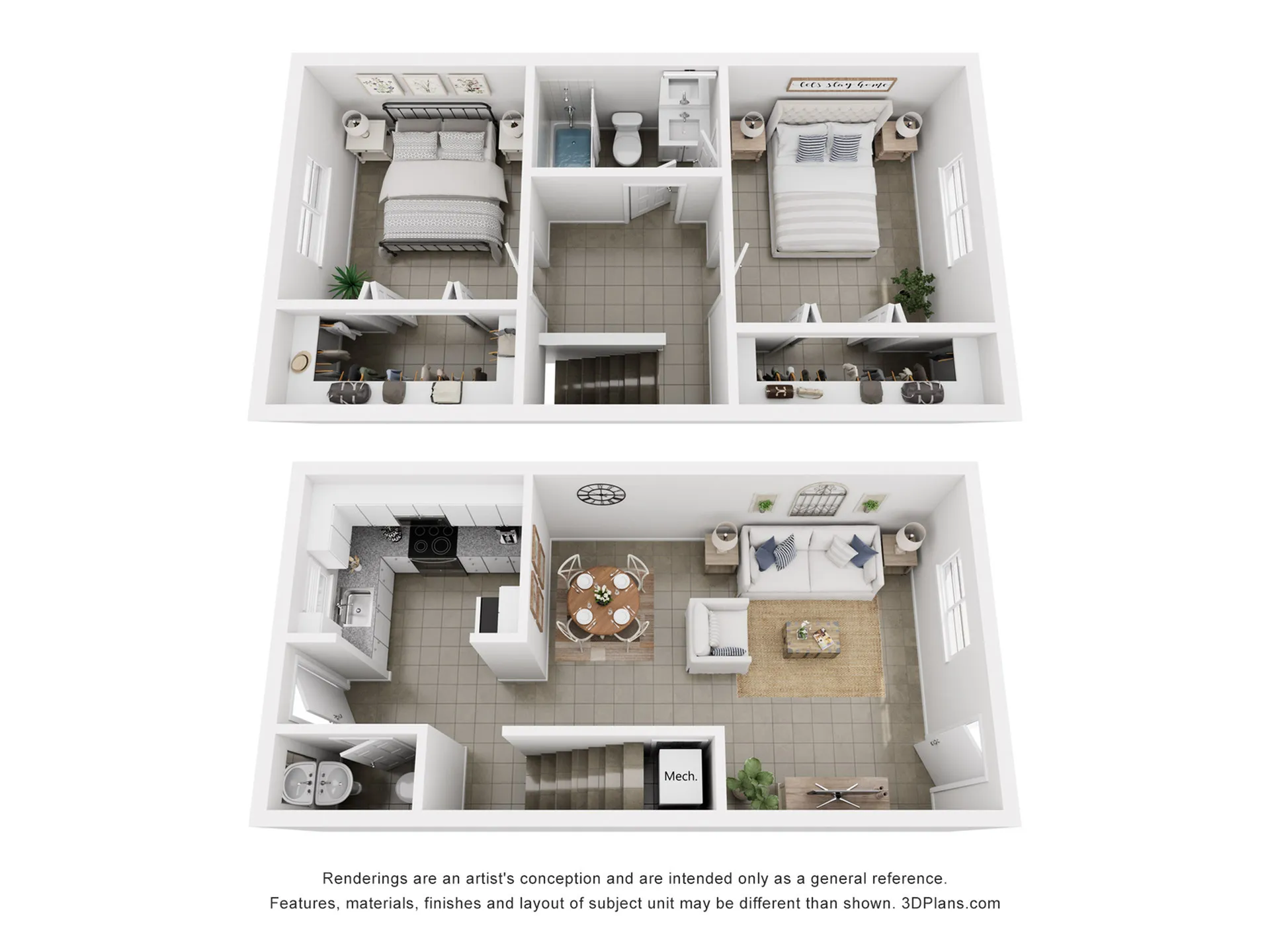 Charming 3D floor plan showcasing a two-story apartment with 2 bedrooms, cozy living room, modern kitchen, and elegant dining area.