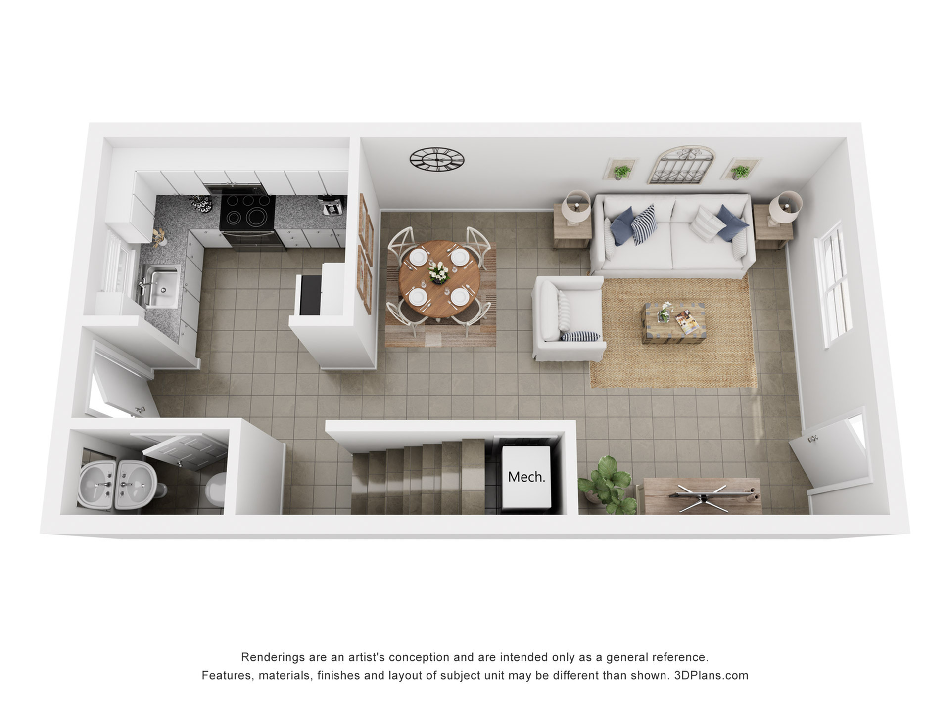 Elegant floor plan showcasing a modern open living area with a spacious kitchen, cozy dining space, and stylish living room.