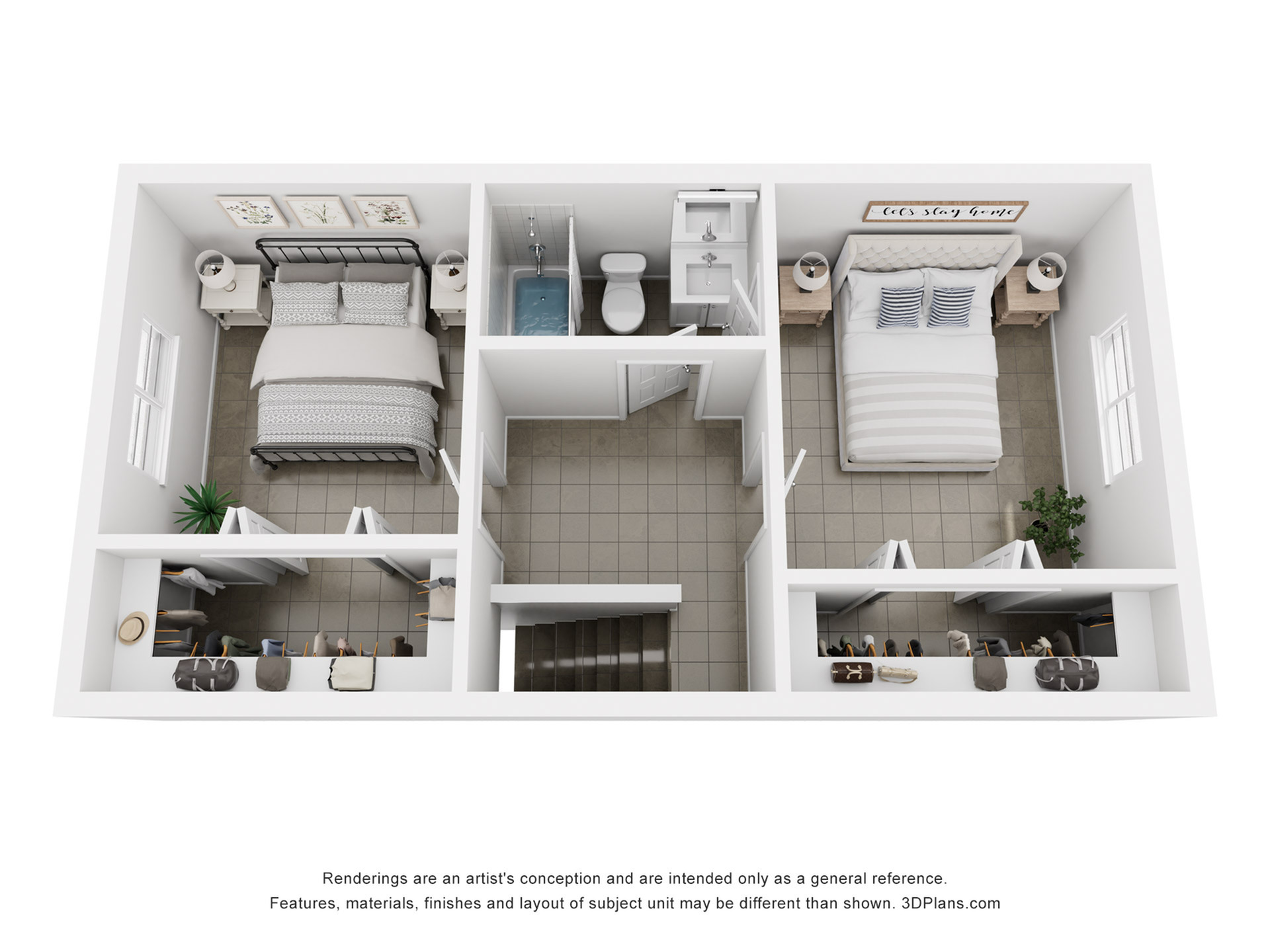 Chic 2D floor plan showcasing two spacious bedrooms, modern bathroom, and well-organized closets, perfect for stylish urban living.