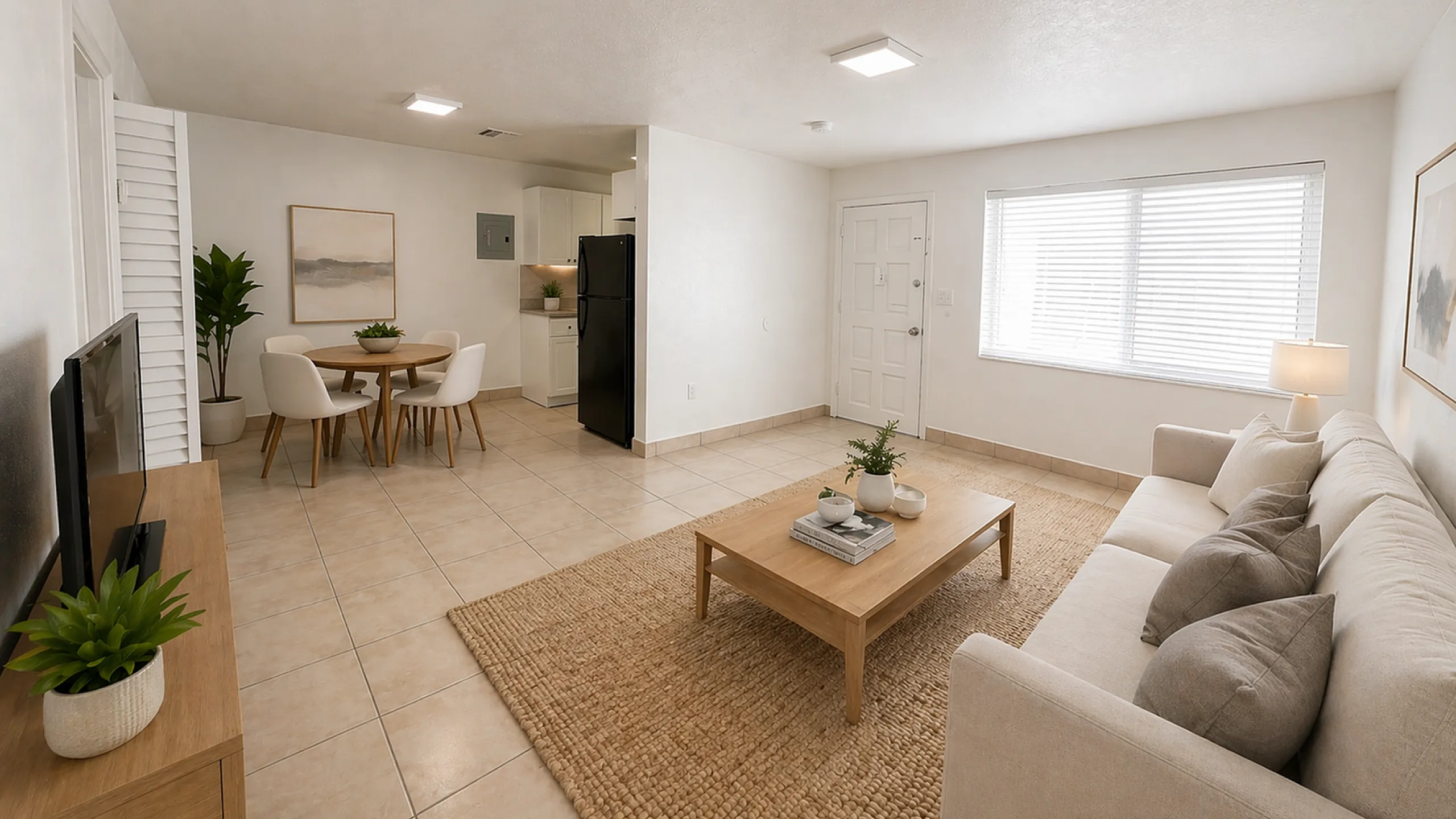 Inviting open-plan living area with cozy beige sofa, elegant dining nook, and modern kitchen appliances.