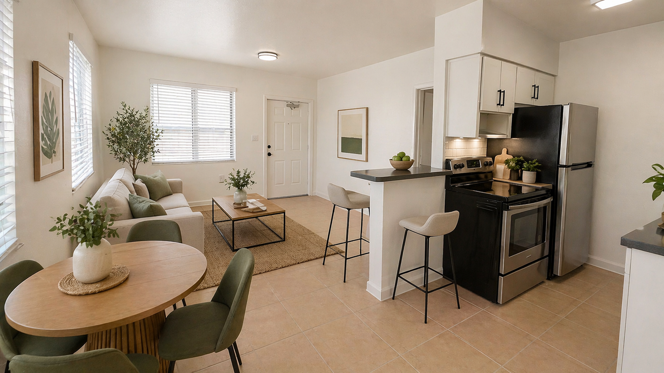 Bright and modern open-plan living area featuring a cozy sitting space, elegant dining table, and a sleek, fully-equipped kitchen with stainless steel appliances.