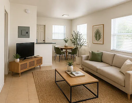 Bright and inviting living room with modern decor, natural light, cozy beige sofa, stylish coffee table, and chic dining area.