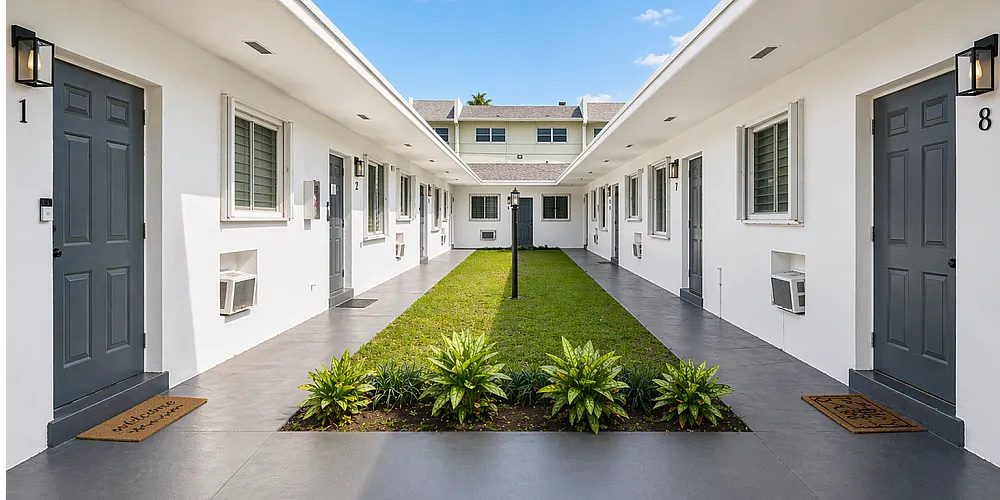 Charming courtyard view featuring modern white apartment units, lush greenery, and elegant doors, offering a serene living experience.