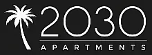 Modern logo design for 2030 Apartments featuring a sleek palm tree silhouette against a dark background, conveying a contemporary and tropical vibe.
