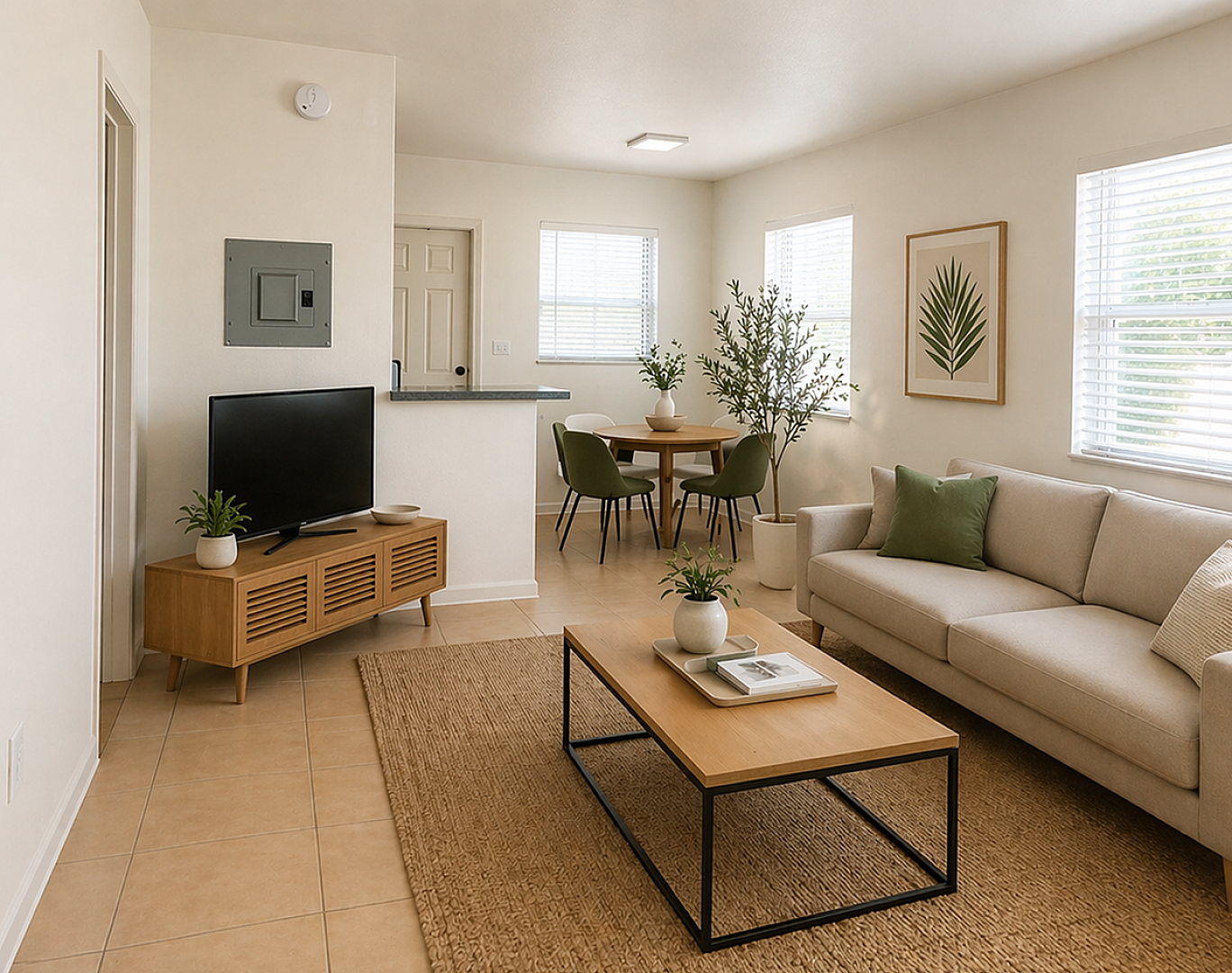 Modern living room with natural light, cozy beige sofa, elegant wooden furniture, and stylish decor.