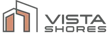 Modern logo for Vista Shores featuring a sleek building design, emphasizing architectural elegance and coastal living.