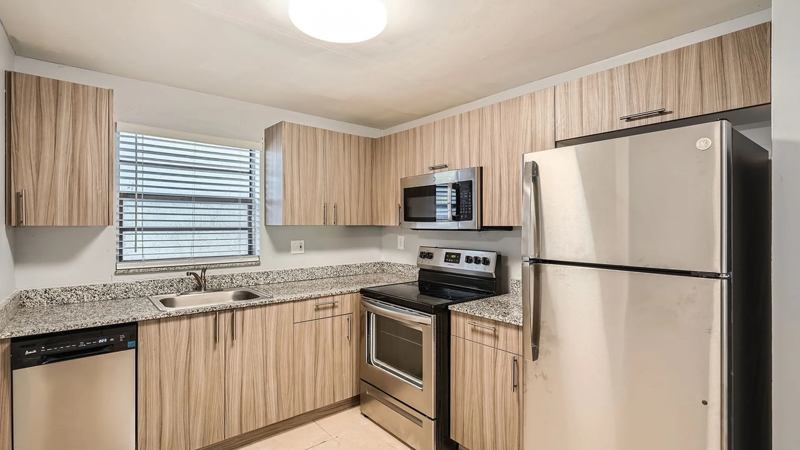 Modern kitchen with sleek stainless steel appliances, granite countertops, and elegant wood cabinetry for a stylish cooking experience.