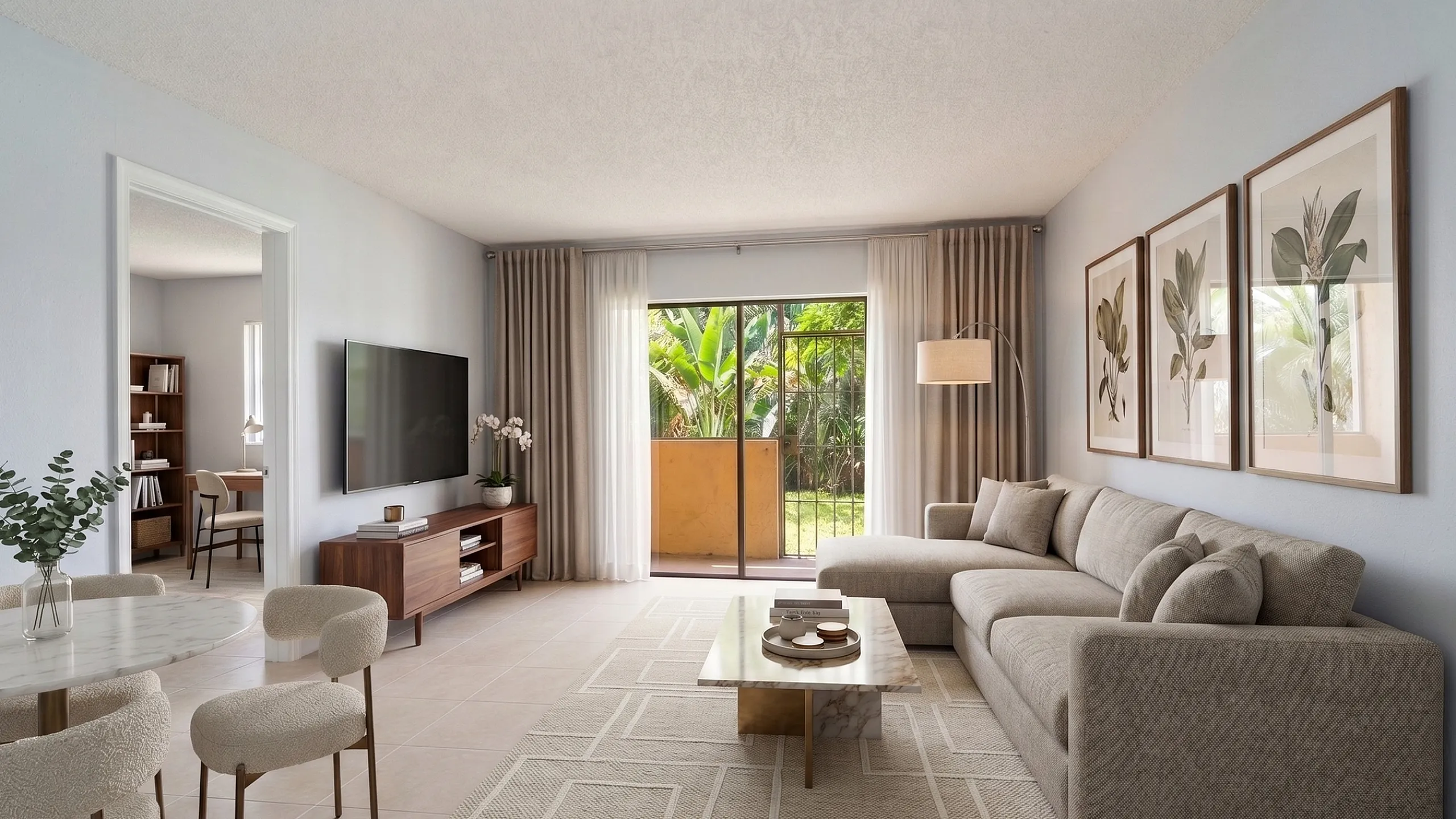 Chic living room featuring a plush sectional sofa, large flat-screen TV, and elegant decor with a view of a garden through sliding glass doors.