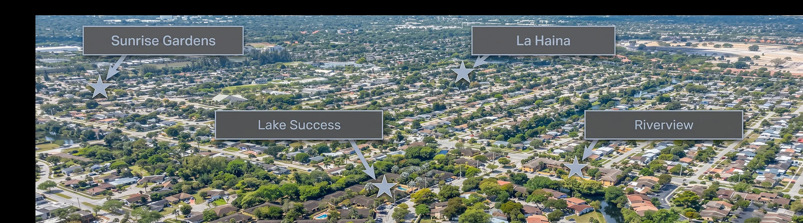 Vibrant aerial view showcasing Sunrise Gardens, Lake Success, La Haina, and Riverview neighborhoods surrounded by lush greenery and charming homes.