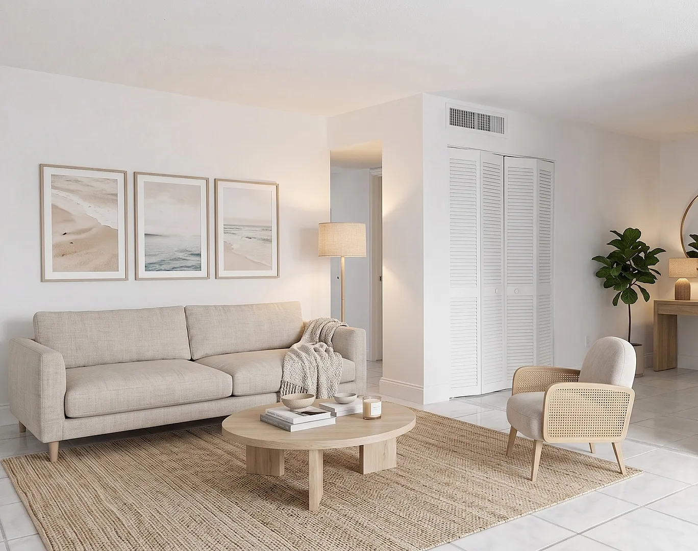 Modern, minimalist living room with a cozy beige sofa, stylish round mirror, and elegant decor in a bright, inviting space.