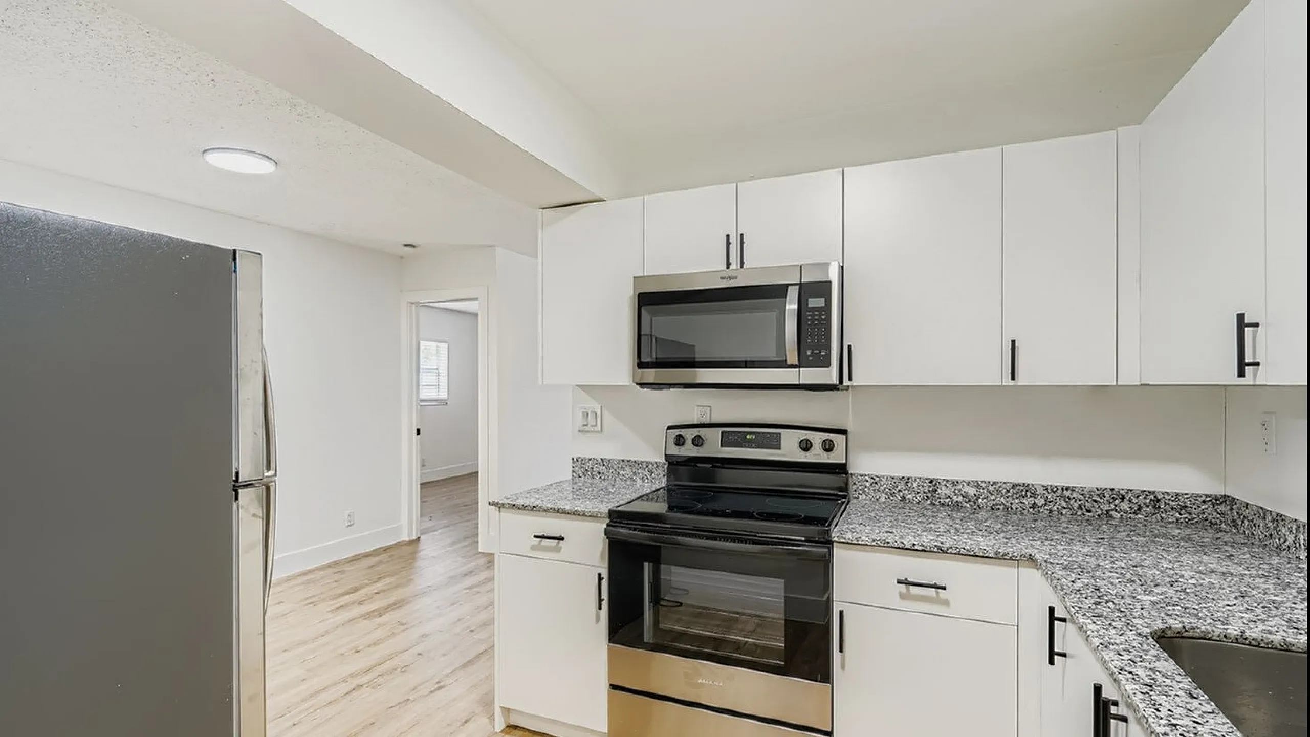 Sleek modern kitchen with stainless steel appliances, granite countertops, and ample white cabinetry.