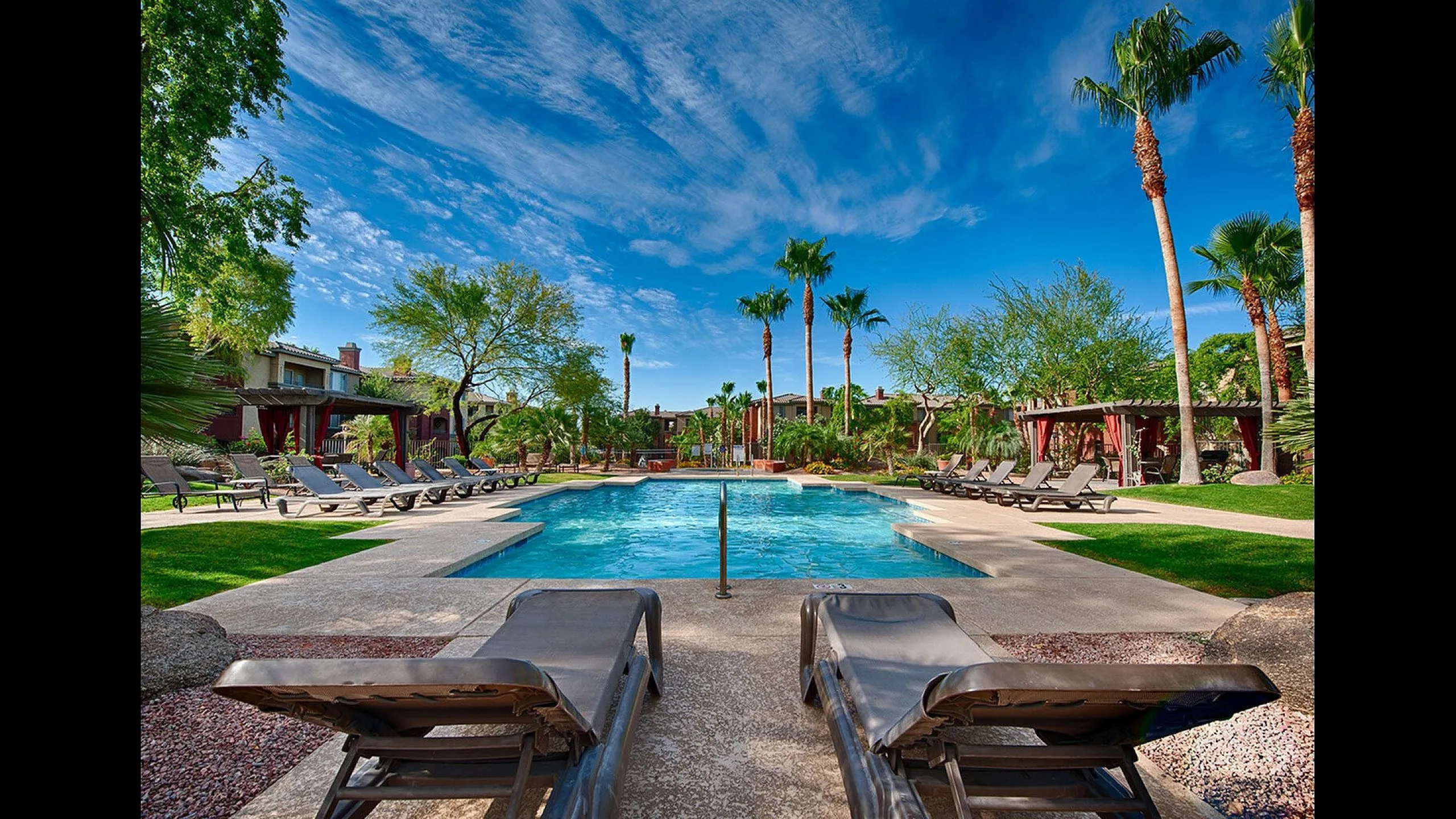 Luxurious resort-style pool surrounded by palm trees and sun loungers, offering a serene oasis under a clear blue sky.