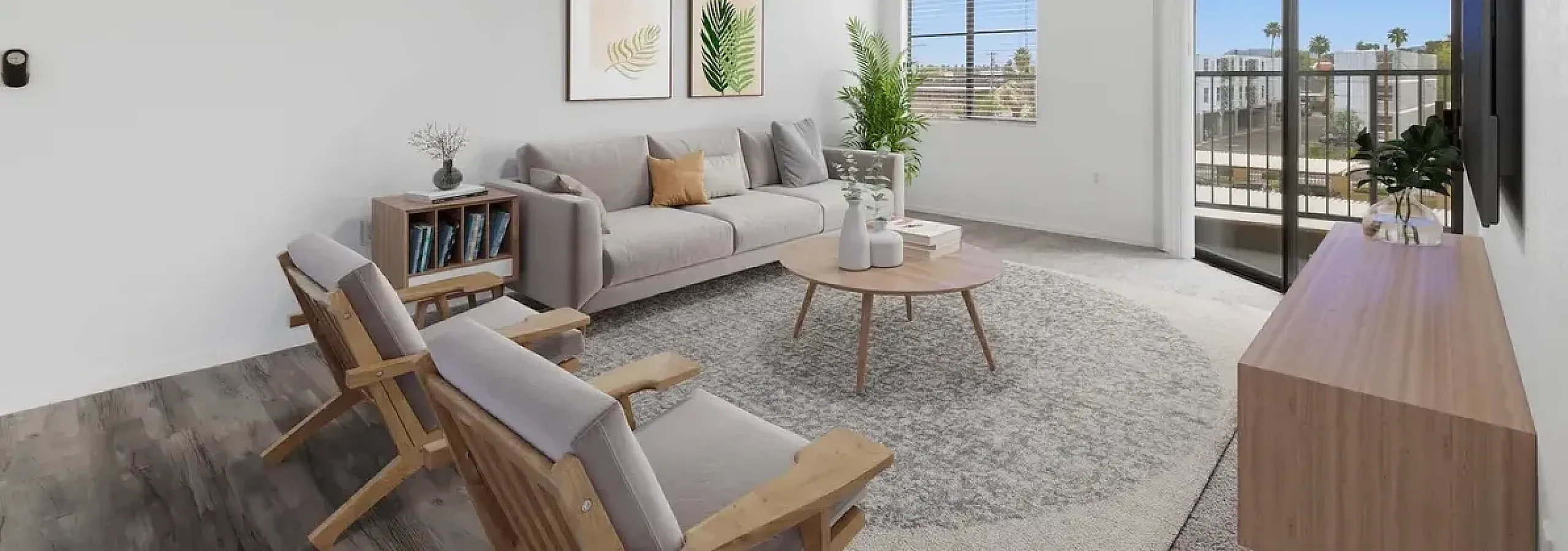 Elegant apartment lobby featuring stylish tile flooring, classic wooden cabinets, and framed artwork, leading to a bright, welcoming seating area.